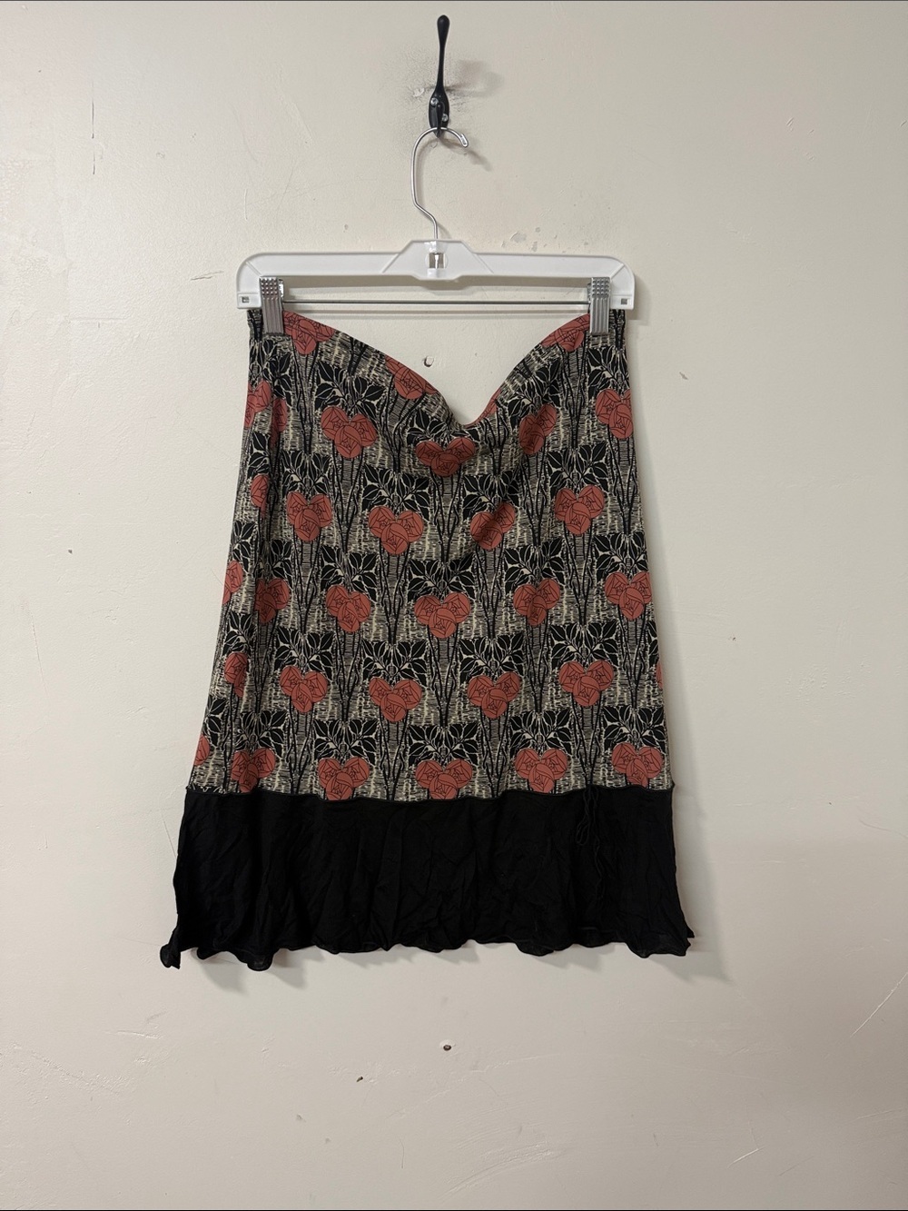 Studio M Black Hem Floral Midi Skirt with Rust Red Blooms